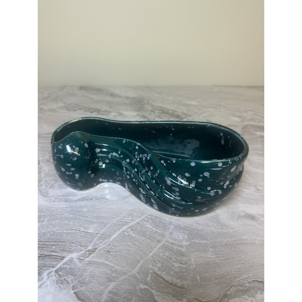 Vintage Green Teal Lone Cedar Pottery Planter White Speckle Glaze Irregular MCM